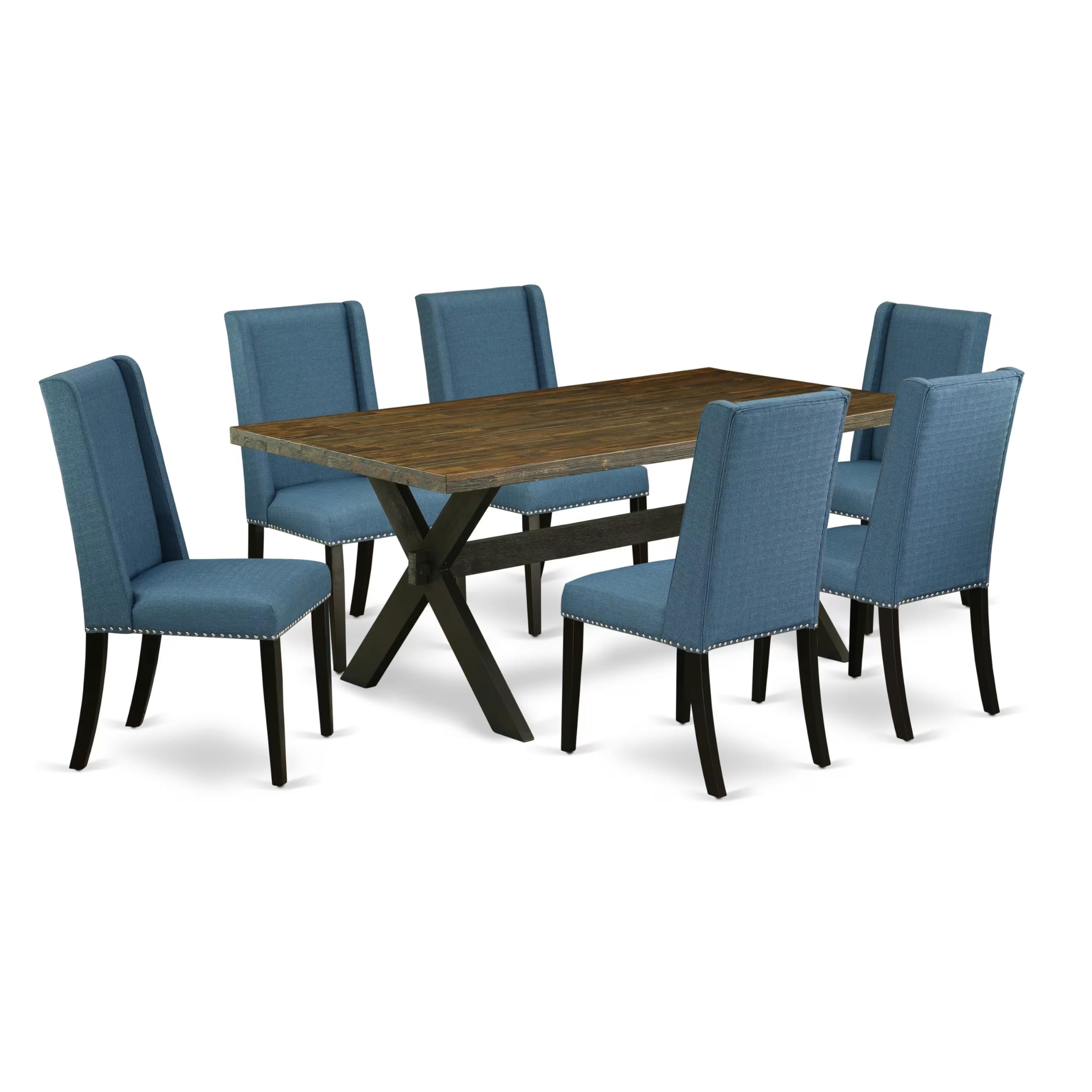 East West Furniture X677Fl121-7 7 Piece Kitchen Table Set Consist Of A Rectangle Dining Table With X-Legs And 6 Blue Linen Fabric Parsons Dining Chairs, 40X72 Inch, Multi-Color